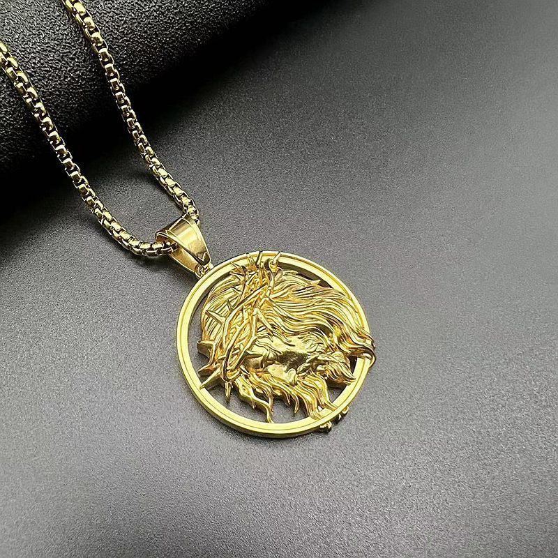 Planderful Unisex Stainless Steel Necklace 3D Relief Western Mythology Pendant Gold Plated Retro Hip Hop Jewelry