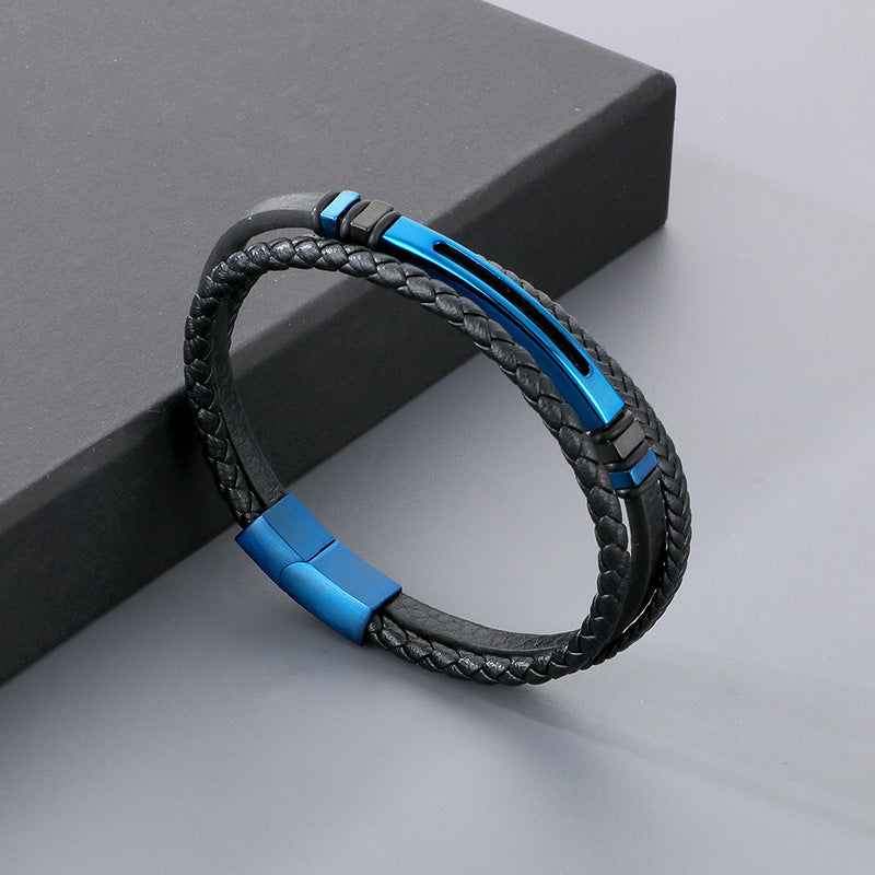 Planderful Stainless Steel Leather Rope Bracelet Men Black