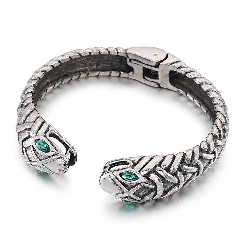 Rock Hip-Hop Zircon-Inlaid Double Snake Opening Titanium Steel Men's Bracelet