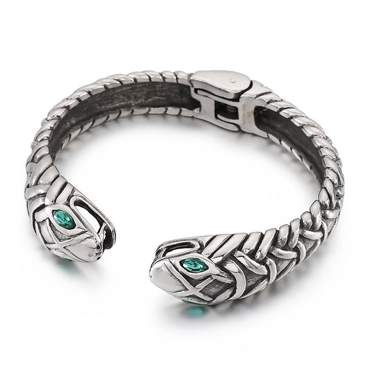 Rock Hip-Hop Zircon-Inlaid Double Snake Opening Titanium Steel Men's Bracelet