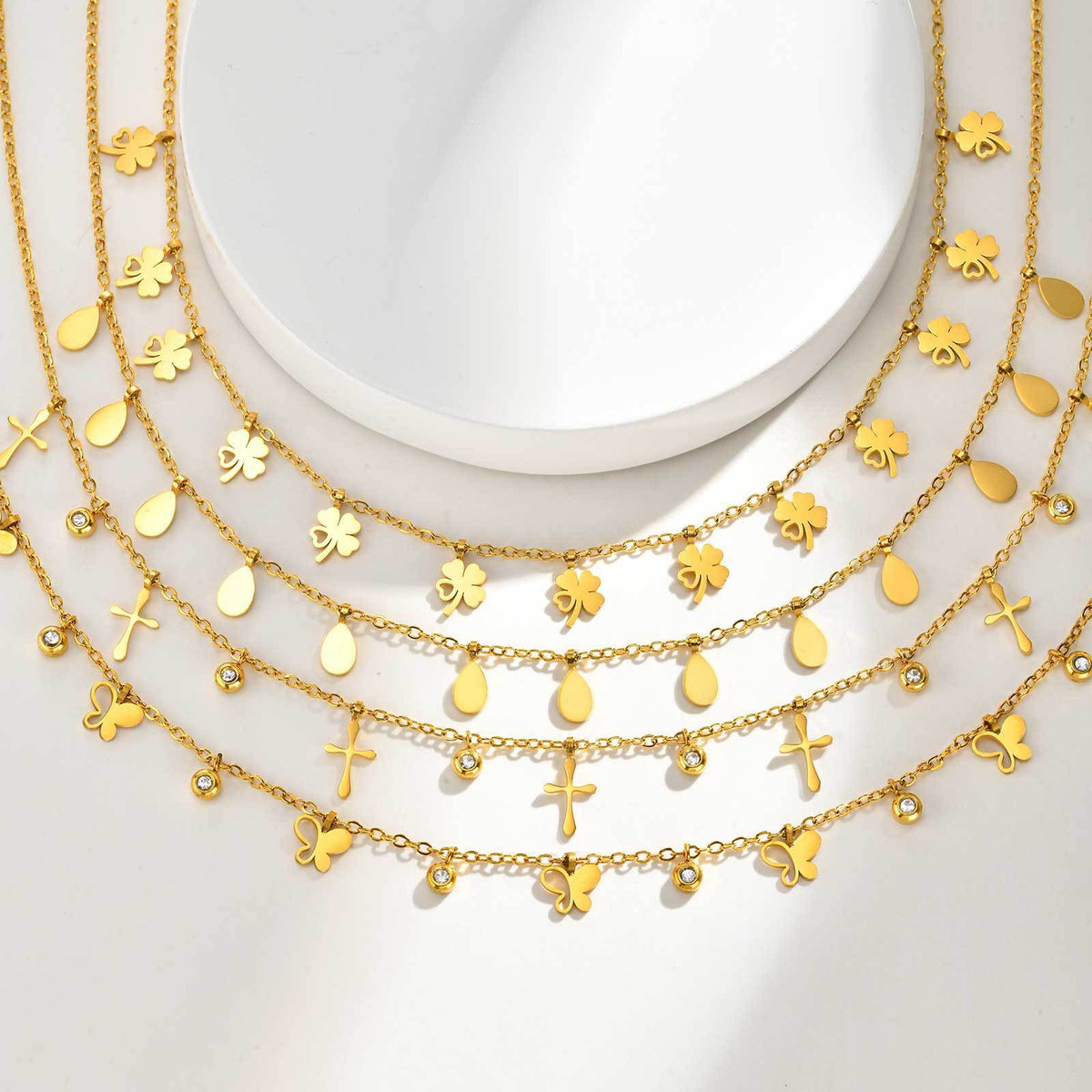 Stainless Steel Geometric Star Flat Cross Chain Water Drop Hollow Butterfly Zircon Necklace