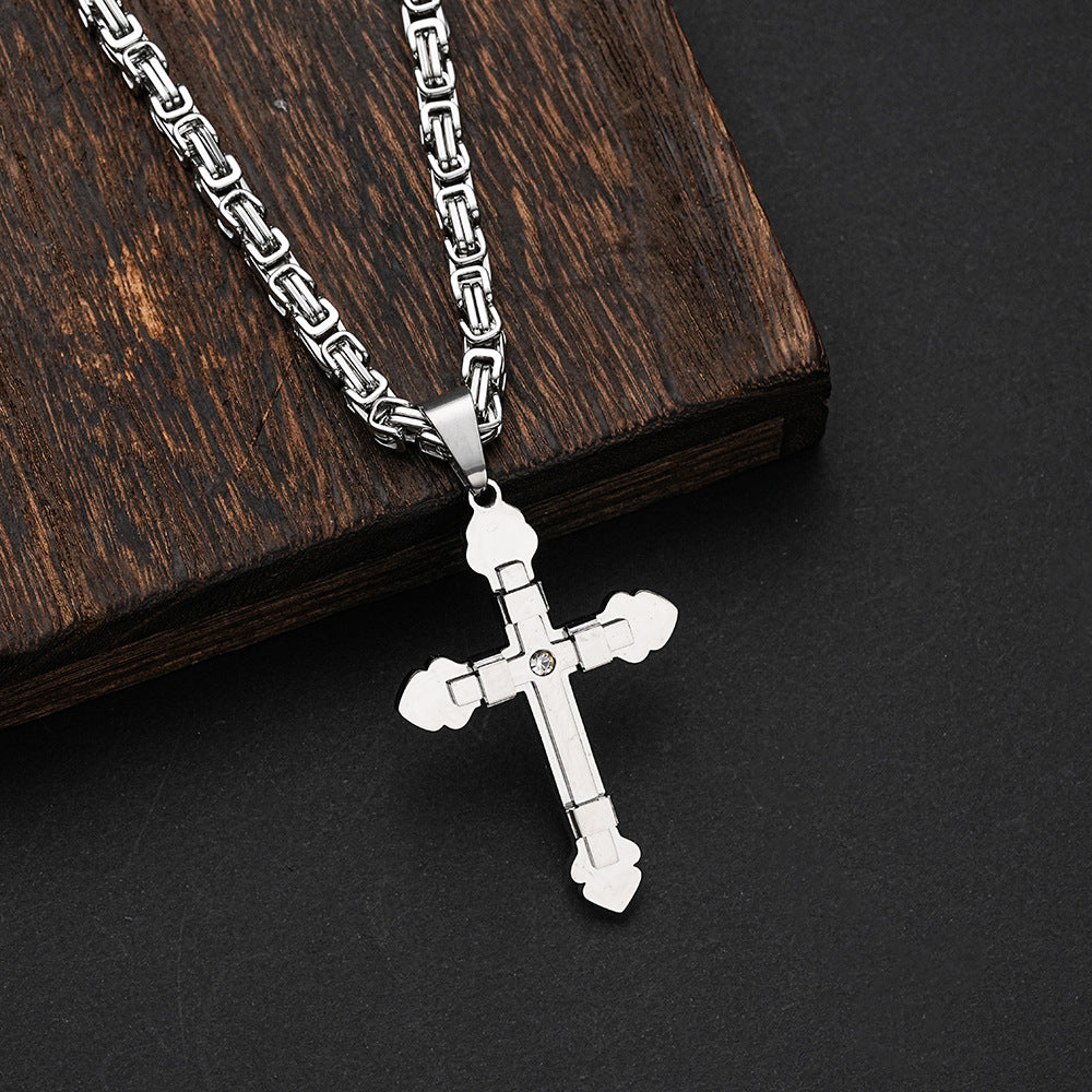 Planderful Mens Stainless Steel Cross Necklace With Double Layer Zircon Pendant For Men Punk Style