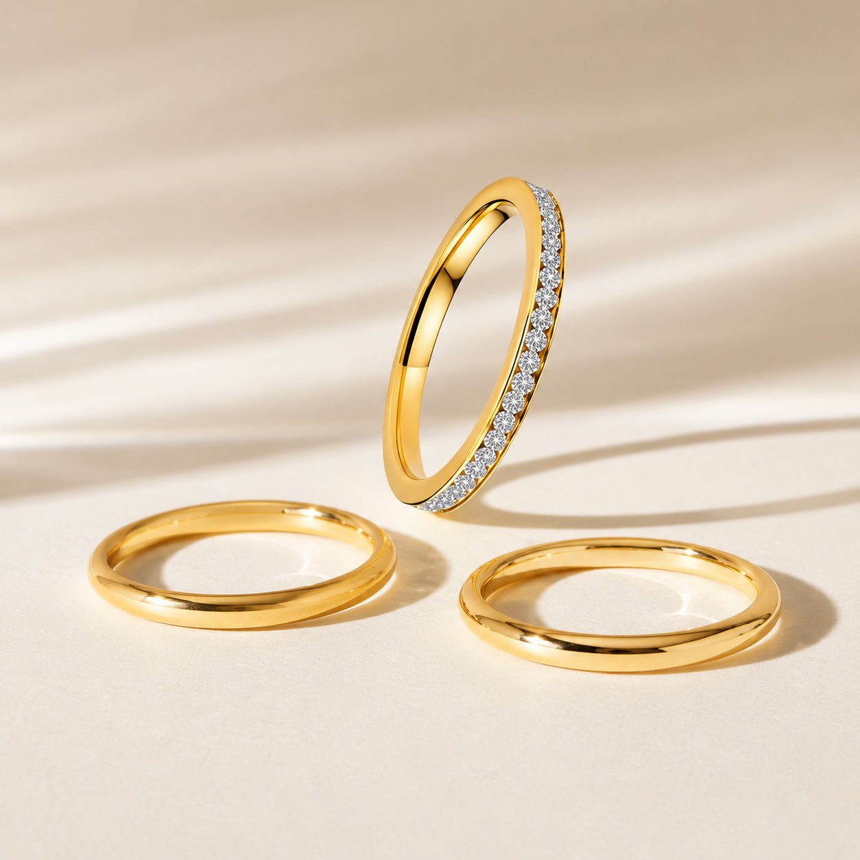 Planderful Collection Stainless Steel Stacked Ring Set For Women Non Fading Gold Zircon Three Piece Versatile Statement Jewelry