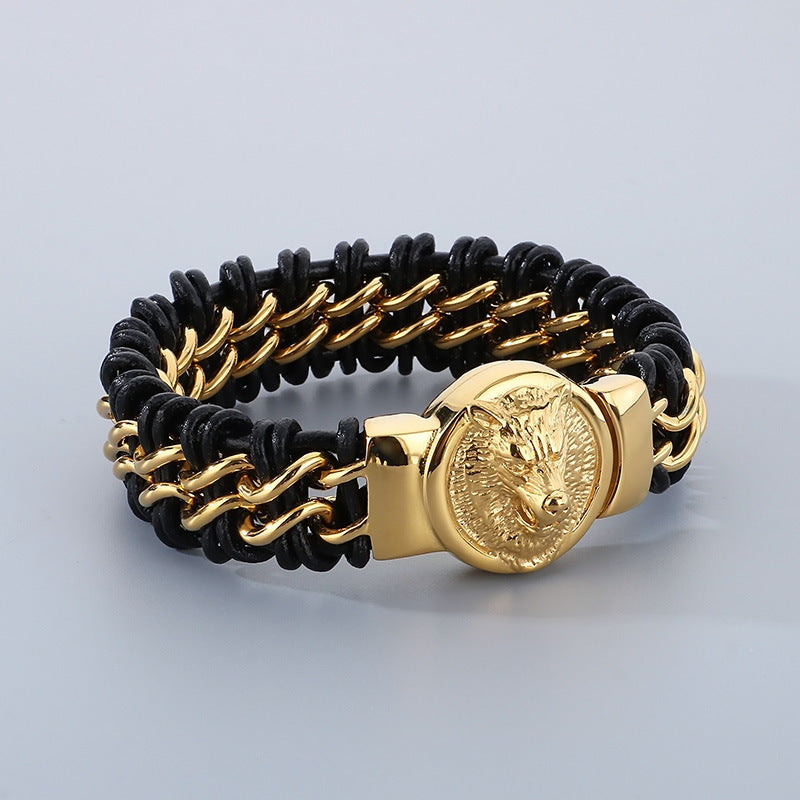 Wolf Head Bracelet – Punk Animal Lion Head Magnet Buckle Titanium Steel Woven Leather