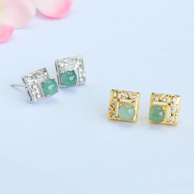 Blue-Water Jadeite Window Motif Stud Earrings