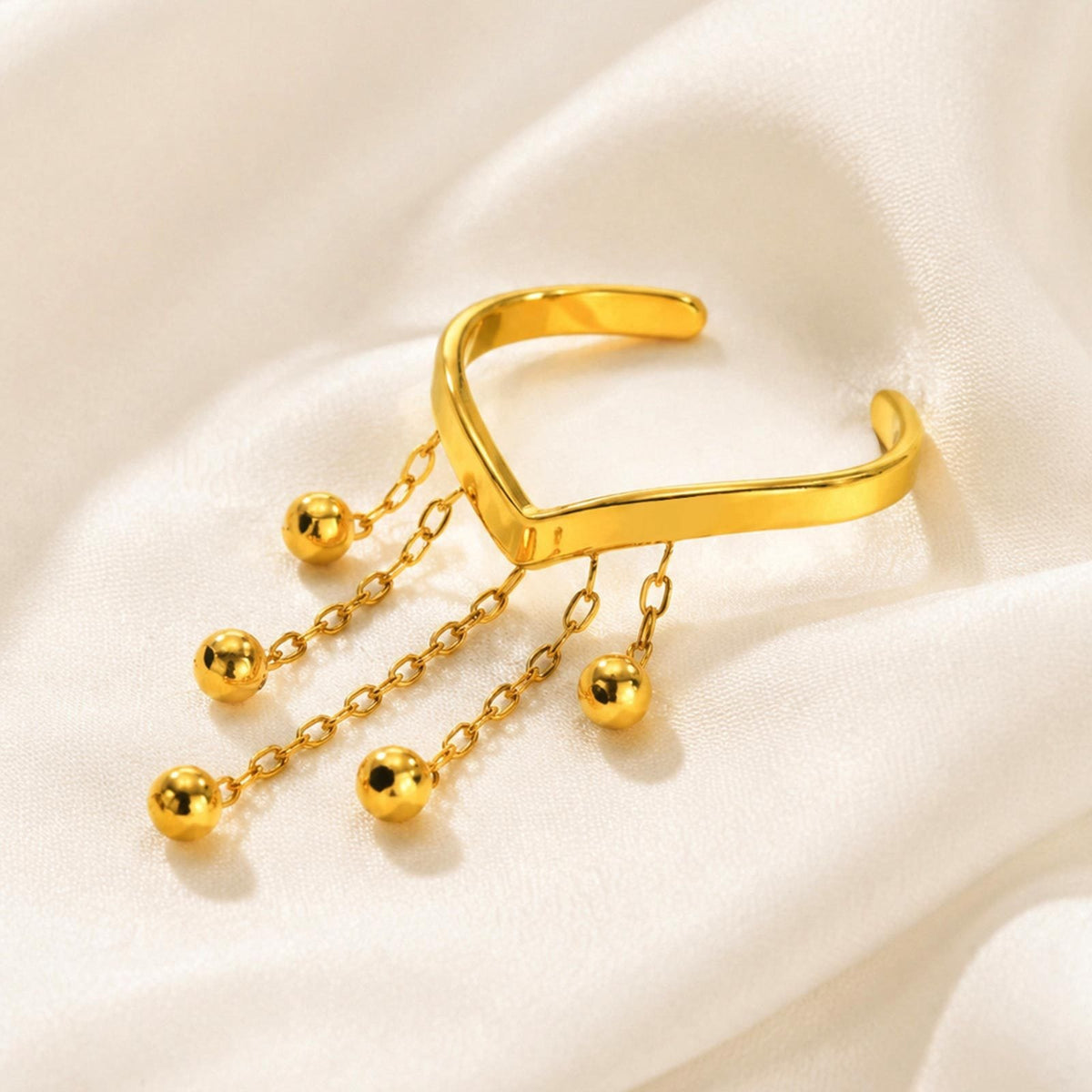 Ladies Open Ring Stainless Steel Gold V-Shaped Imitation Pearl Tassel Elegant