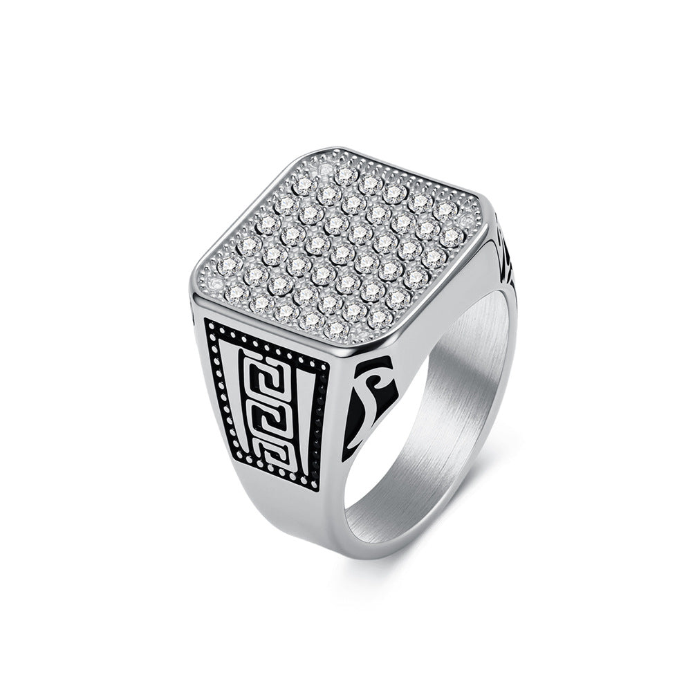 Great Wall Pattern Pavé Zircon Seal Stainless Steel Ring Men's Gold-Plated Index
