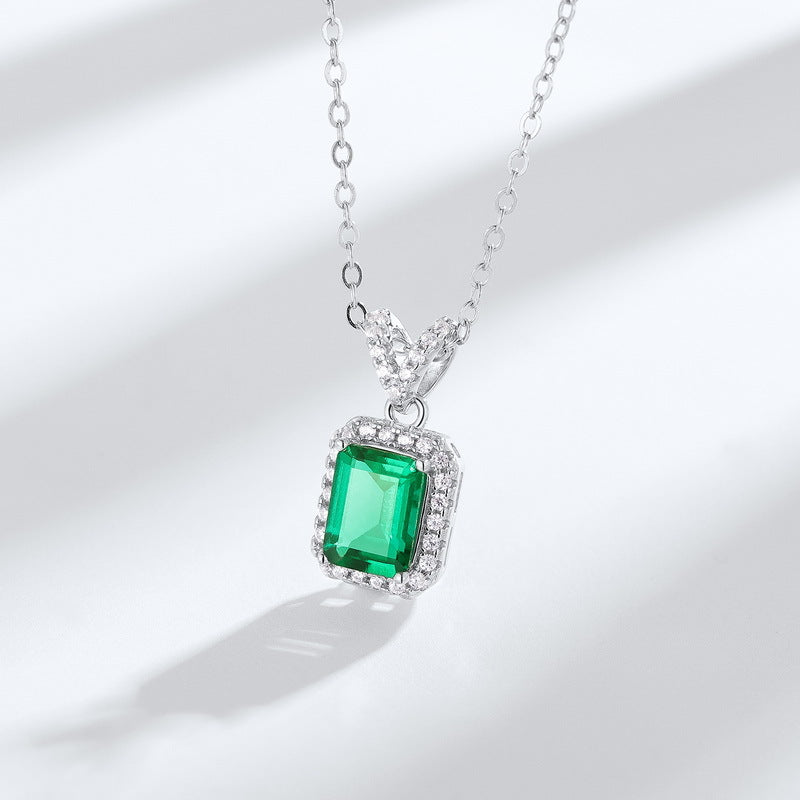 S925 Sterling Silver Lab-Grown Emerald Geometric Vintage-Inspired Necklace