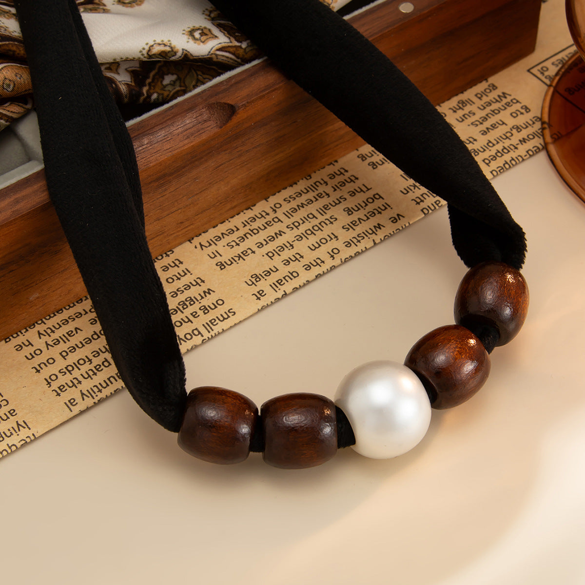 Wood Bead Pearl-Style Collarbone Necklace