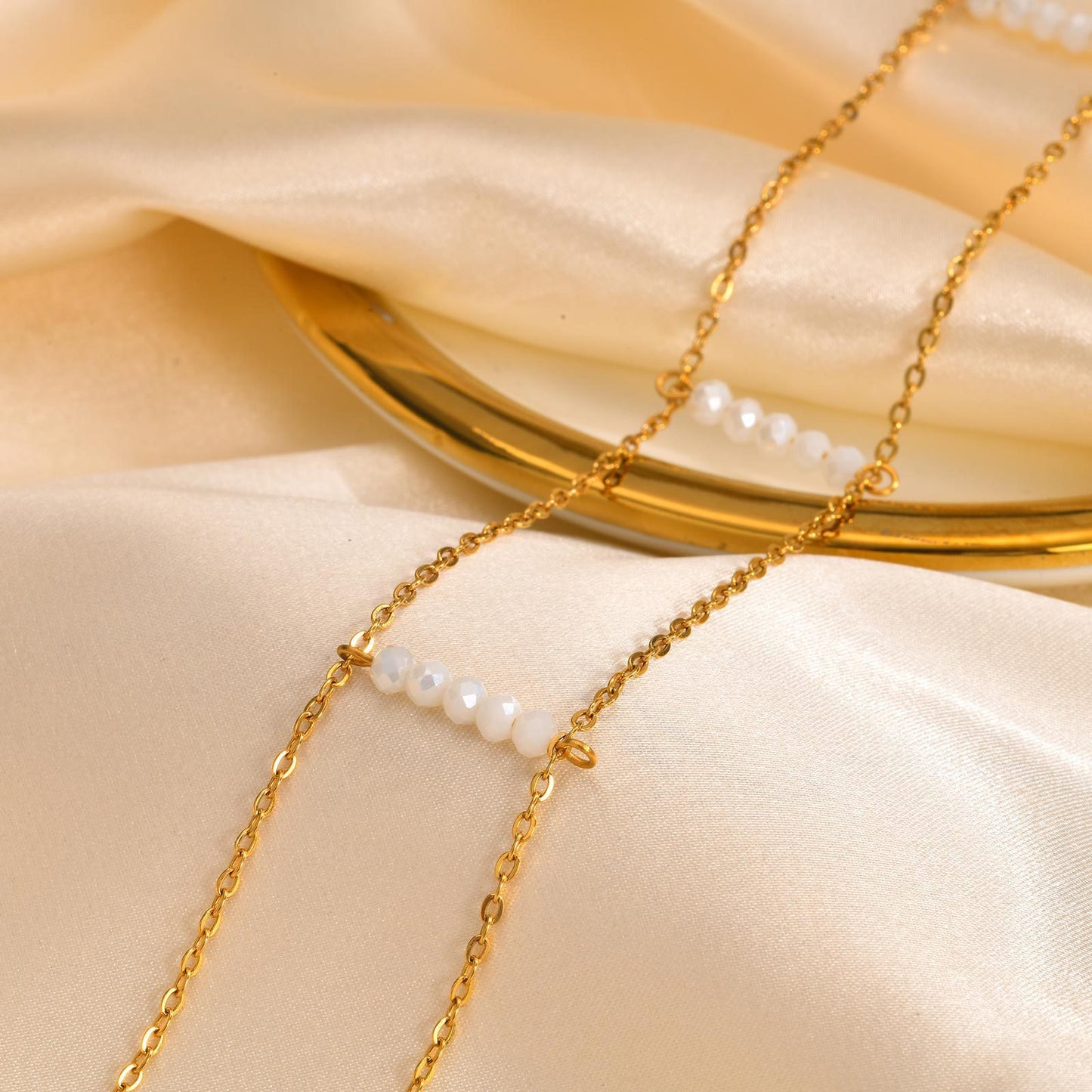 Chokers Stainless Steel Flat Cross Chain White Crystal Cut Beads Double Gold Necklace