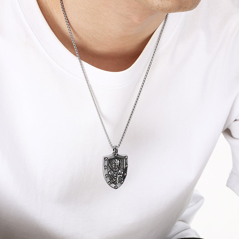 Double Sided Totem Guardian Charm Shield Pendant, Vintage Portrait Cross Sacred Heart Necklace