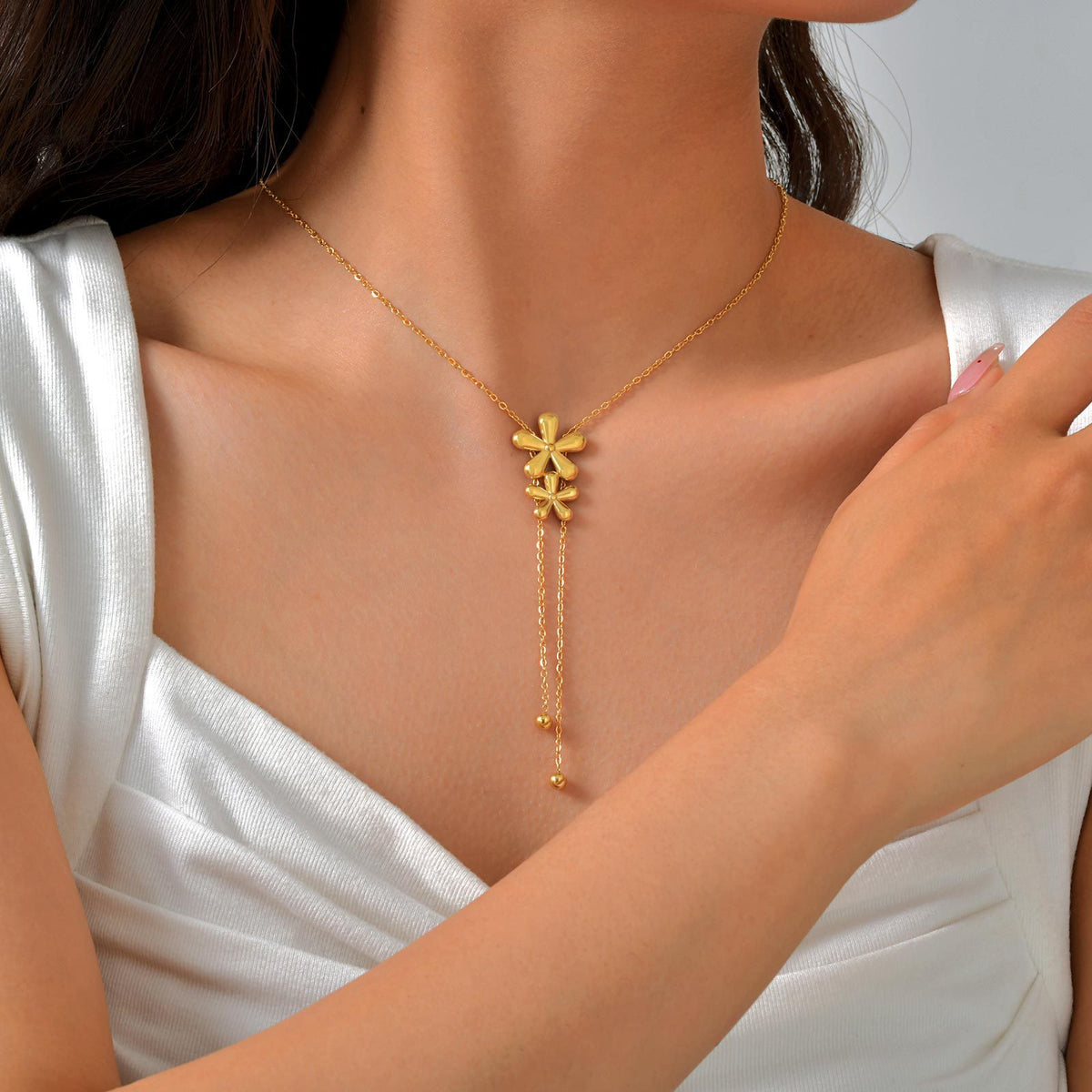 Style Women Stainless Steel Flat Cross Chain Double Flower Y-Shaped Necklace Gold