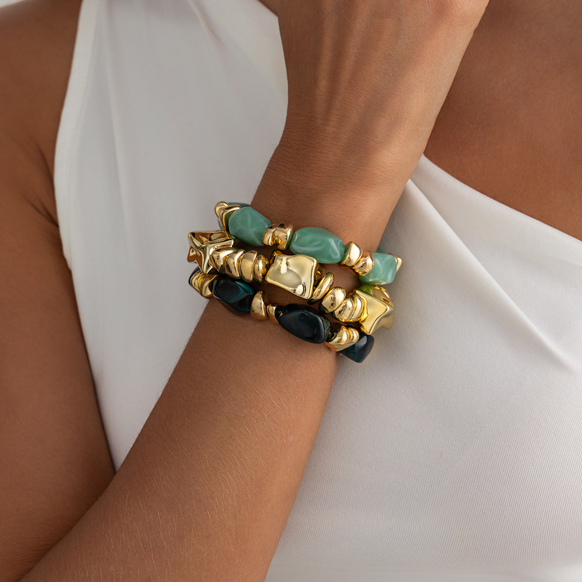 Amber Beaded Stacked Bracelet Knock Pattern Smudge Elastic Bracelet