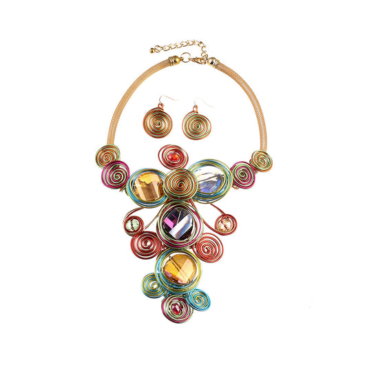 Extravagant Gemstone Aluminum Wire Weave Necklace Set - Handcrafted Jewelry with European and American Influence