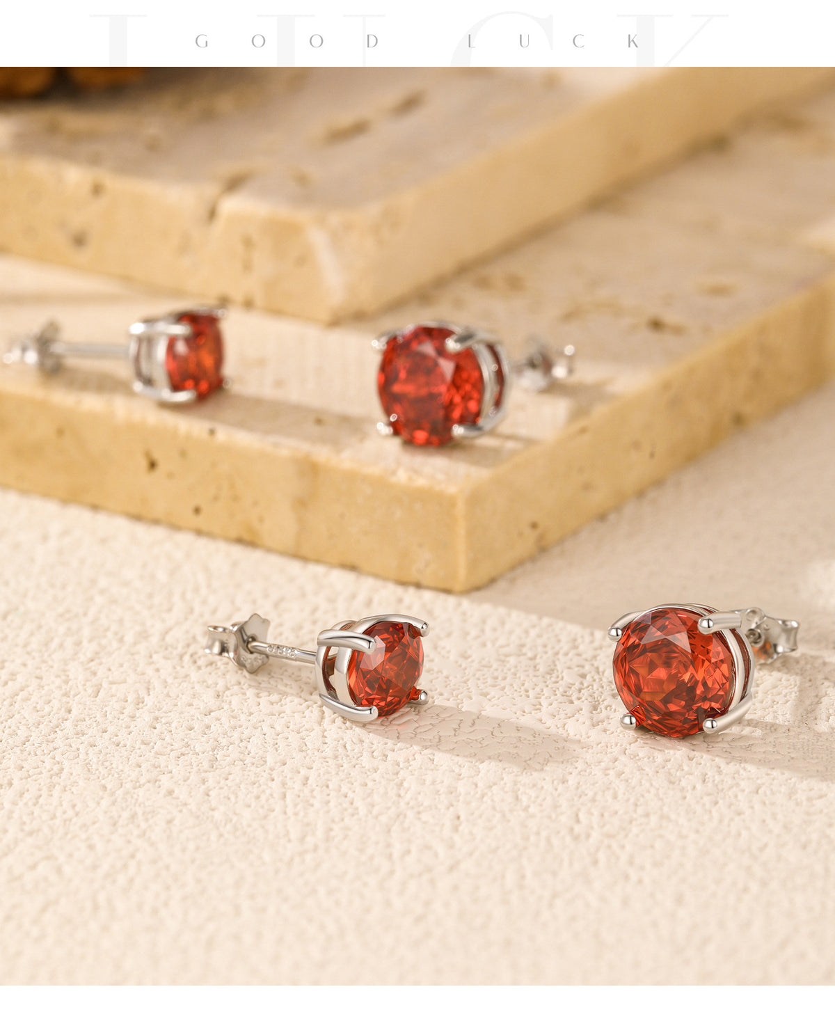 925 Sterling Silver Red Rose-Cut Zircon Stud Earrings