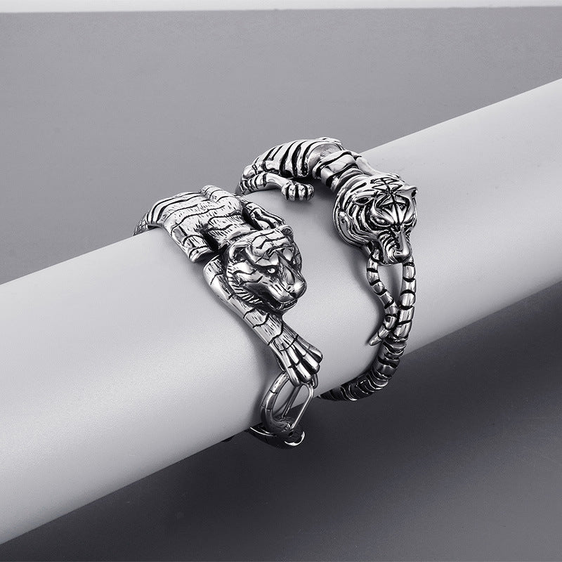 Bold Leopard-Inspired Punk Bracelet - Creative Retro Dragon Tiger Design in Titanium Steel for Men