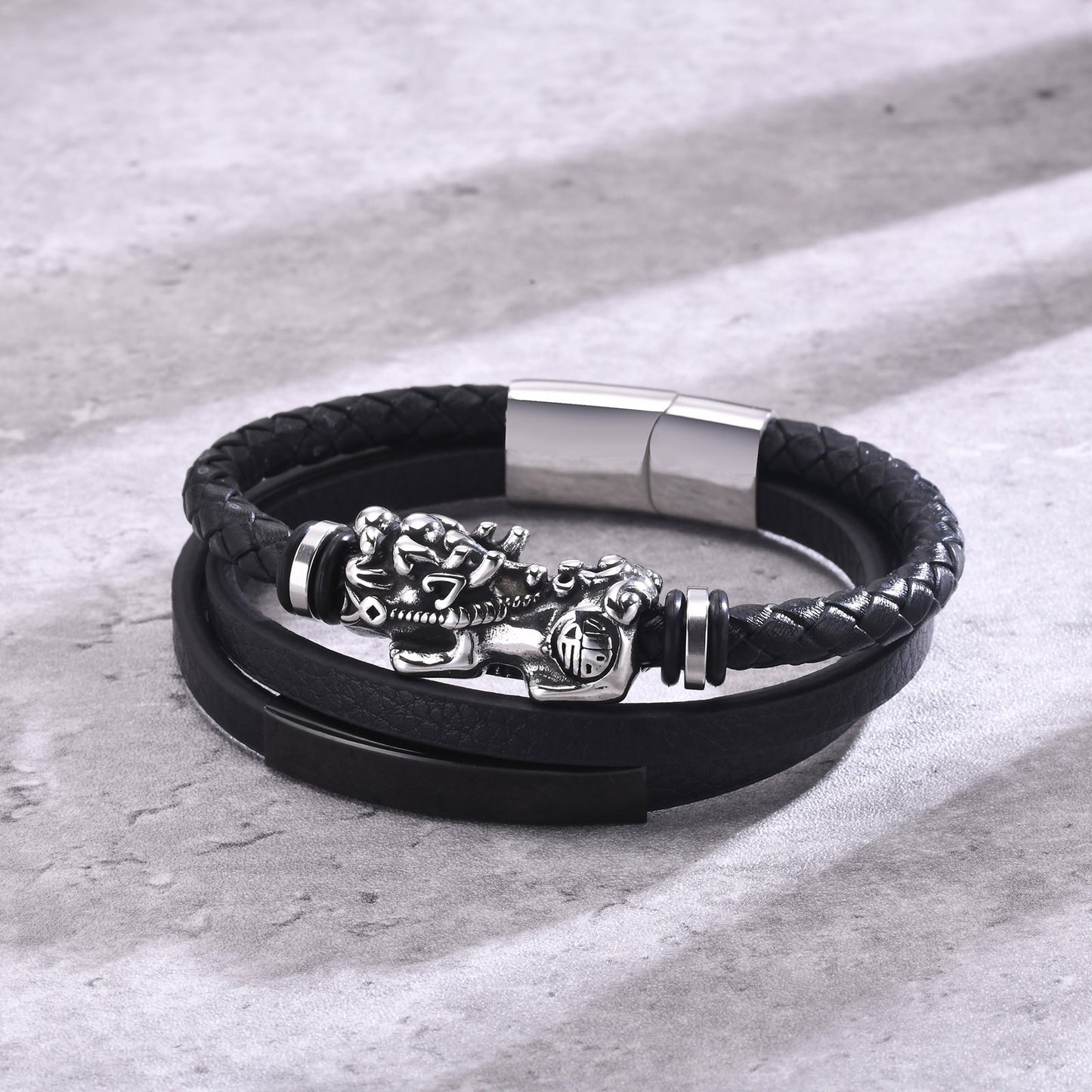 Stainless Steel Pixiu Curved Three-Layer PU Leather Bracelet