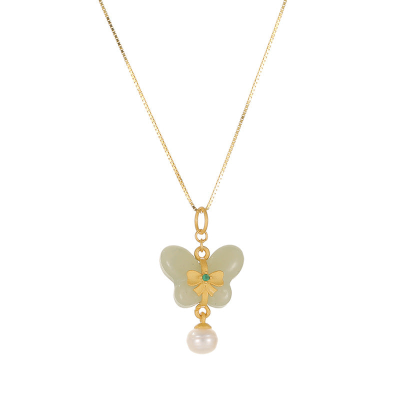 Fortune's Favor: Sterling Silver Necklace with Jade and Pearl Pendant