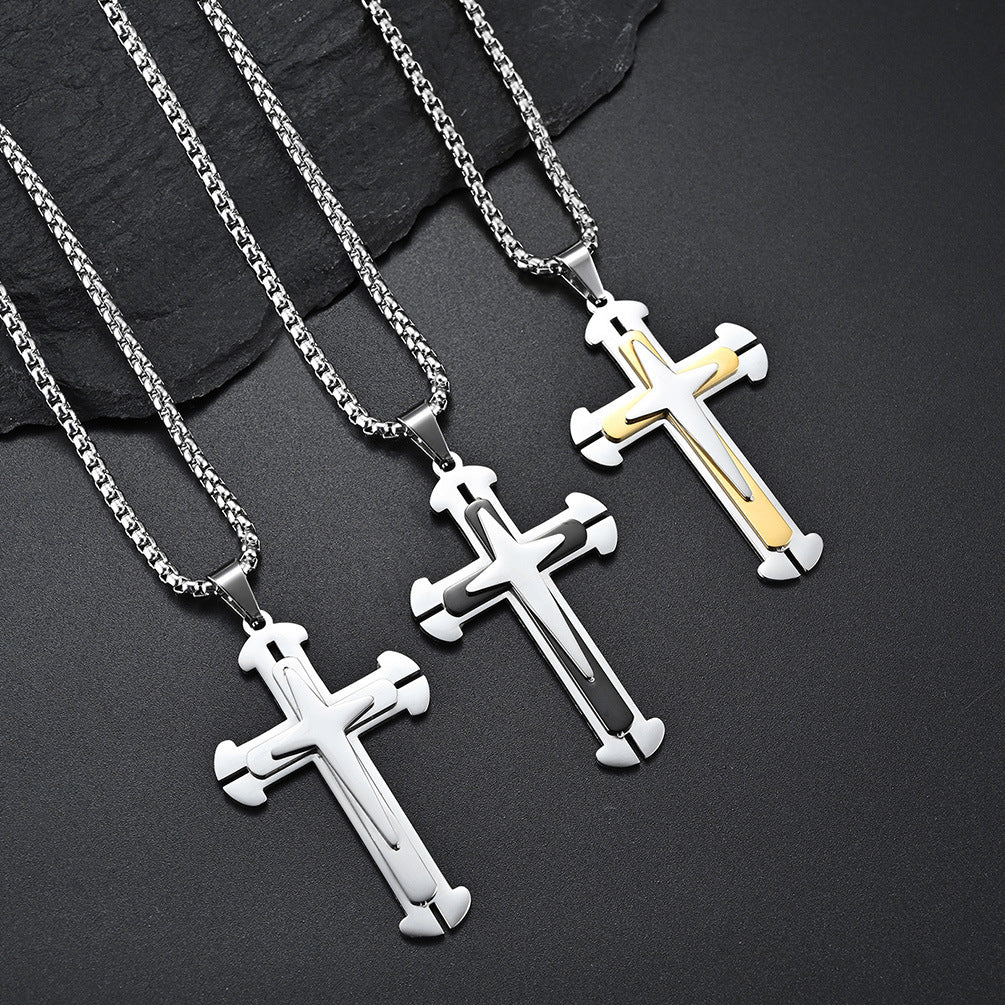 Planderful Titanium Steel Three Layer Slit Cross Pendant For Punk Style Lovers And Bold Everyday Wear