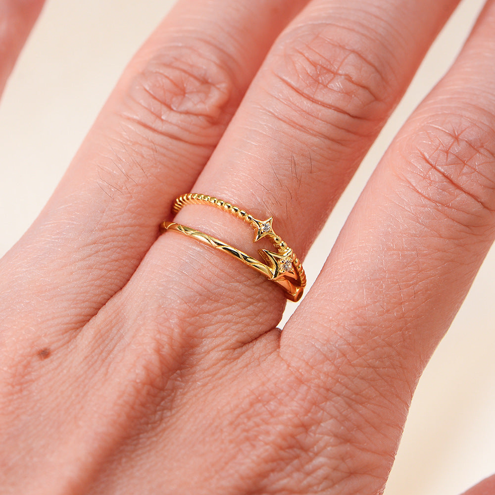 Double-Layer Hollow Star Zircon Sterling Silver Ring Cold Wind Ring Jewelry