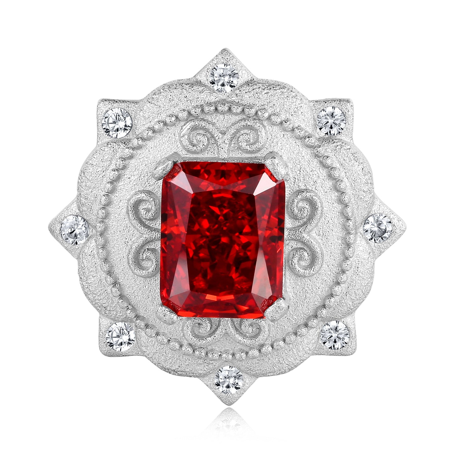 Palace Style Carved Round Pendant Rectangle Red Zircon Silver Necklace