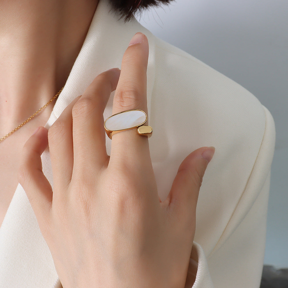 Elegant Mother of Pearl Oval Ring in Gold Plated Titanium Steel