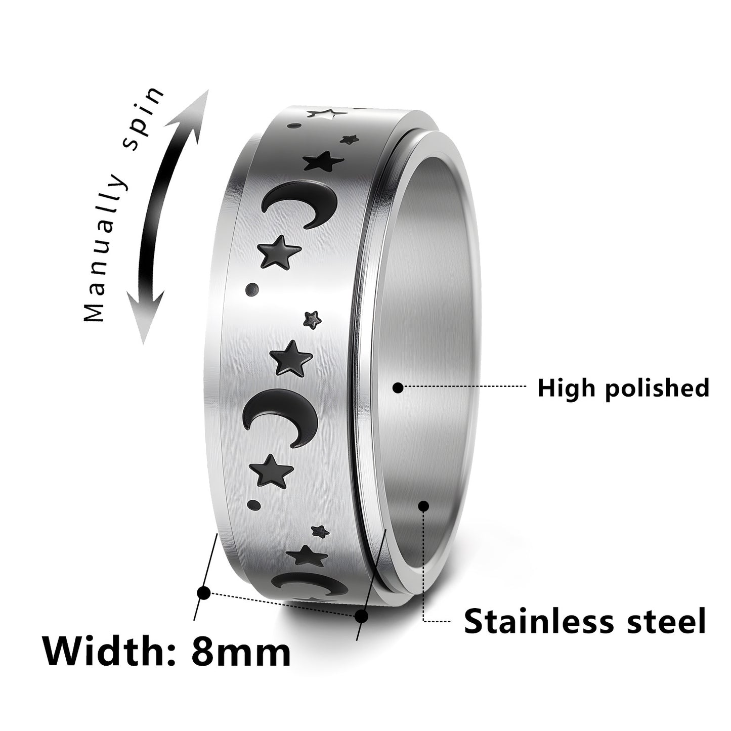 Planderful Everyday Genie 8mm Rotatable Star Moon Stainless Steel Ring For Men Unisex Couples Statement