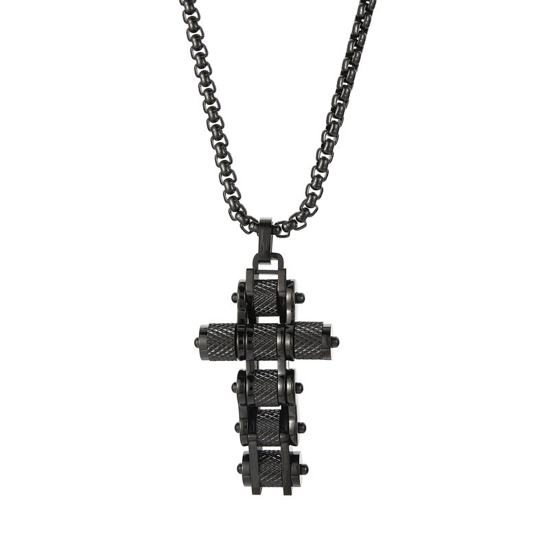 Creative Bicycle Chain Cross Pendant, Retro Hip-Hop Nightclub Men's Titanium Steel Square Pearl Necklace