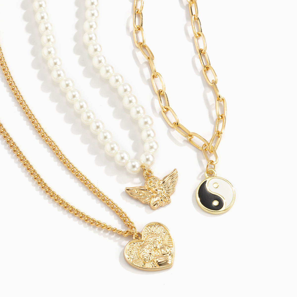 Imitation Pearl Angel Necklace Planderful For Women With Heart Portrait Tai Chi Design Statement Jewelry