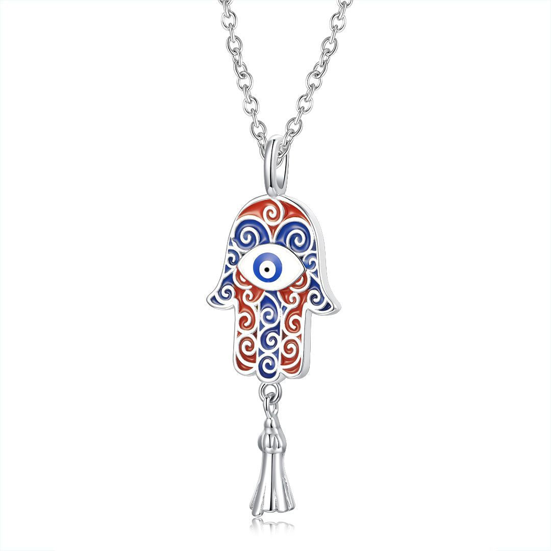 Planderful Jewelry Fatima Eye Palm Pendant Necklace in Sterling Silver for Everyday Luxury