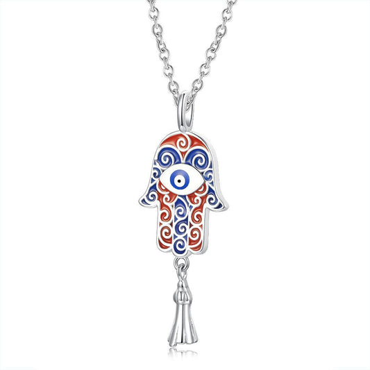 Planderful Jewelry Fatima Eye Palm Pendant Necklace in Sterling Silver for Everyday Luxury