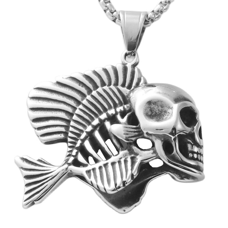 Trendy Titanium Steel Skull Fish Pendant Necklace for Men and Women