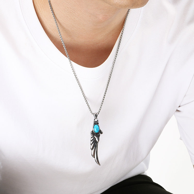 Axe Devil'S Eye Pendant, Ethnic Retro Turquoise Feather Pendant, Stainless Steel Men's Necklace