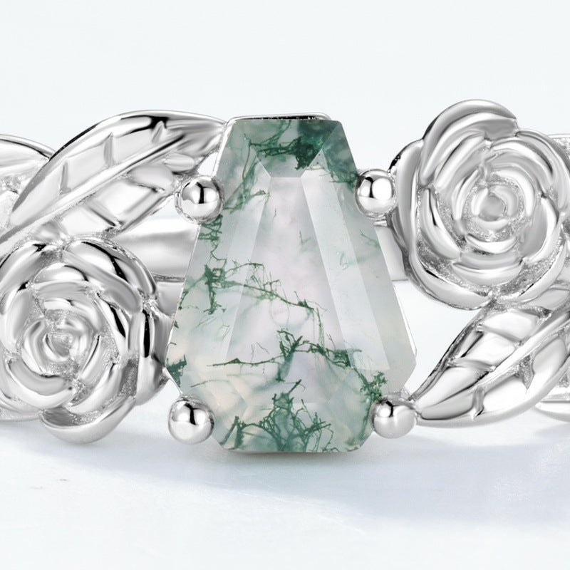 Planderful Jewelry Geometric Agate Sterling Silver Ring with Natural Green Mossy Stone and Aquatic Plants Design