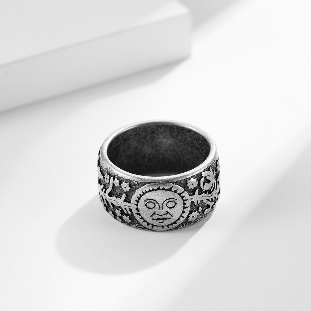 Planderful Titanium Steel Ring Retro Punk Sun Moon Design Mens Fashion Jewelry Bold Statement