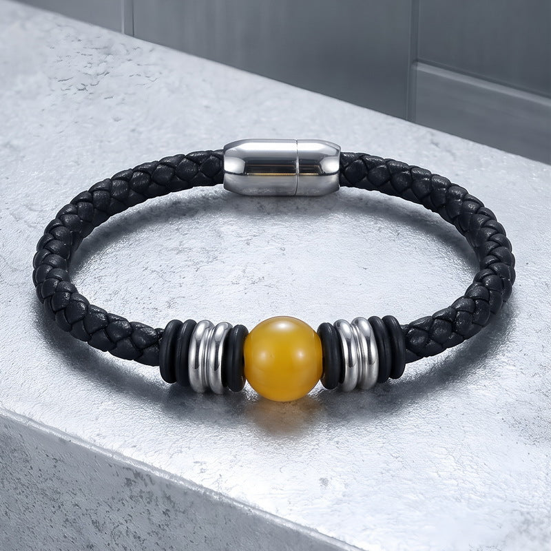 Woven Leather Rope Bracelet Tiger's Eye Stone Lapis Lazuli Magnetic Buckle Stainless
