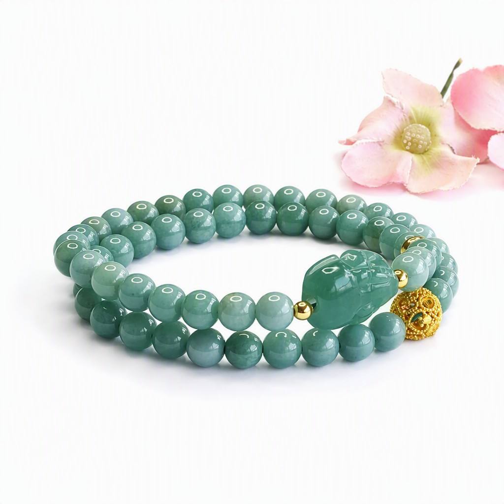 Blue Water Jadeite Pixiu & Double-Wrap Beaded Bracelet
