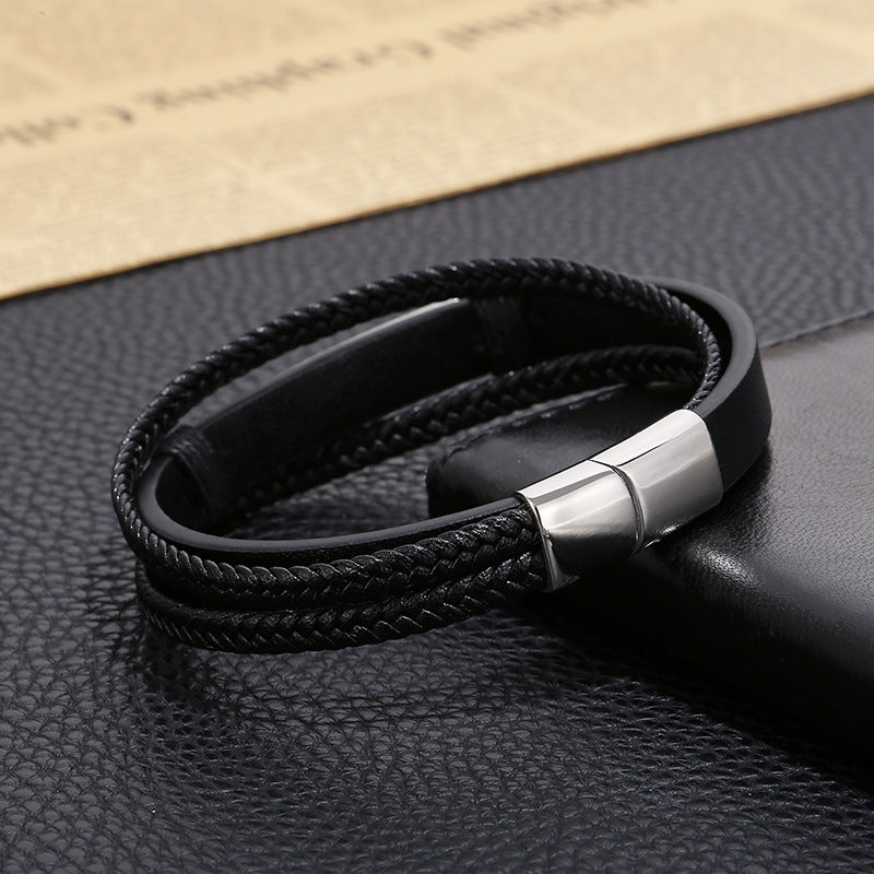 Planderful Mens Titanium Multi Layer Leather Bracelet