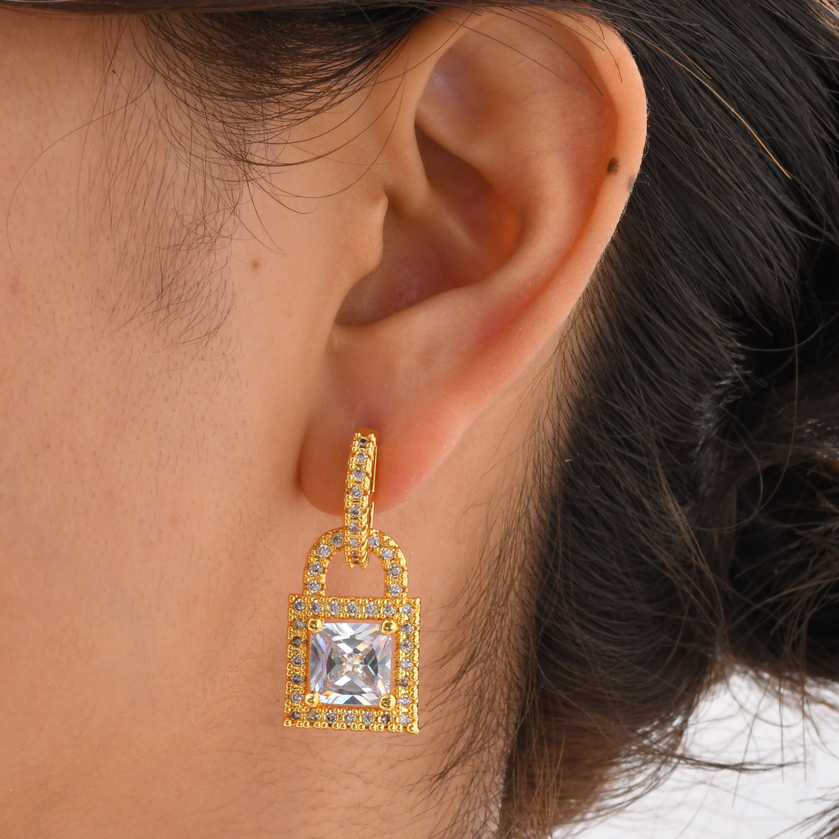 Gold-Tone Crystal Padlock Drop Earrings