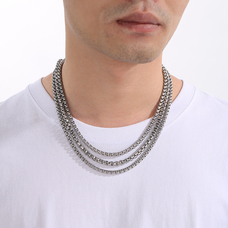 And Plain Chain Necklace, Style Rock Retro Square Pearl Chain Magnetic Buckle Titanium