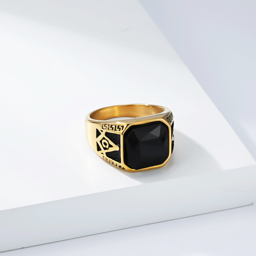 Planderful Freemason Black Stone Ring For Men Unisex Retro Fraternity Symbol Everyday Genie