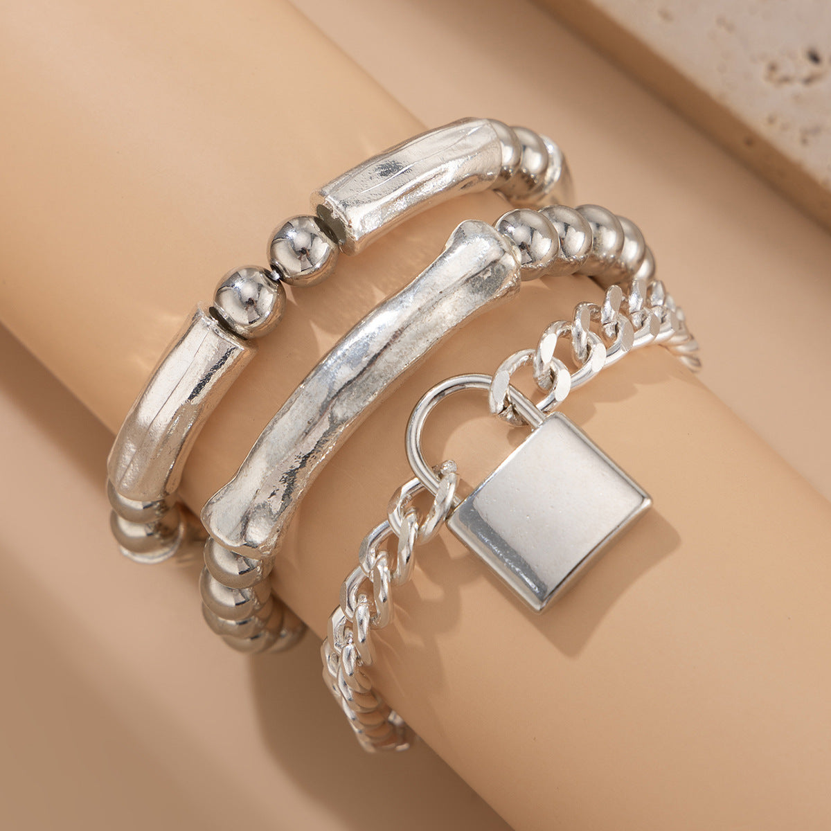 Planderful Lock Shaped Bracelet For Trendy Women Vintage European American Stacked Beads Elastic Jewelry