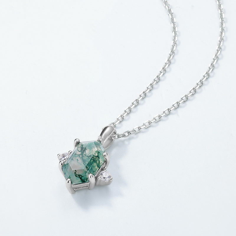 S925 Sterling Silver Moss Agate Geometric Pendant Necklace