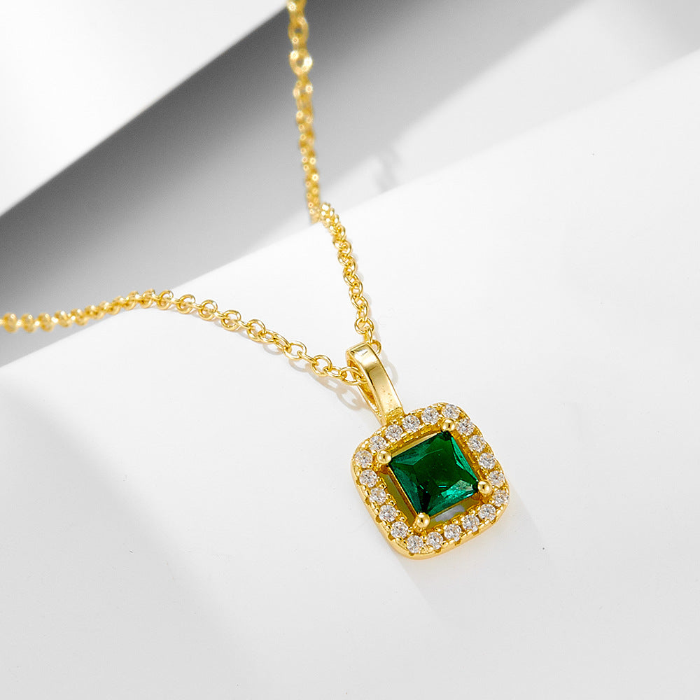 S925 Sterling Silver Square Emerald Zircon Pendant Necklace Retro Style