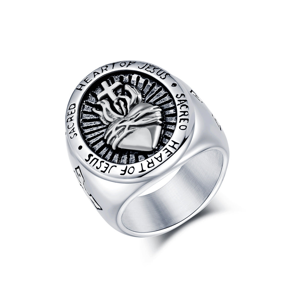 Titanium Steel Cross Ring for Men with Heart Design