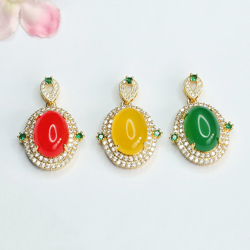 Double Halo Red Agate Zircon Golden Pendant with Oval Ice Chalcedony