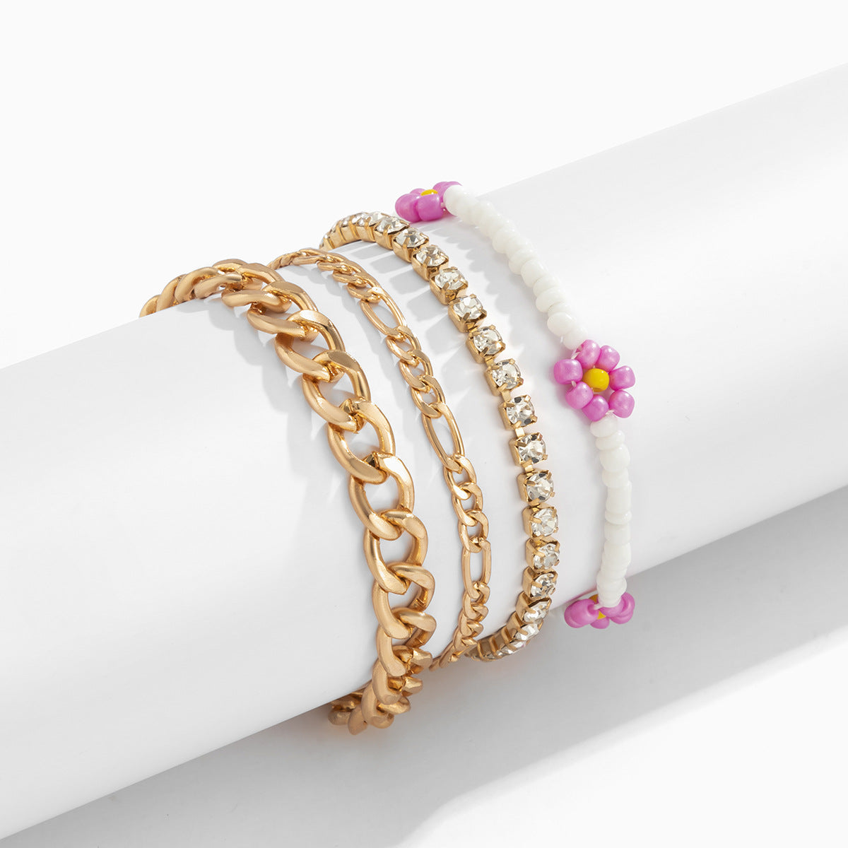 Planderful Vienna Verve Daisy Beaded Bracelet Set Stackable Hollow Chain Statement Jewelry For Women