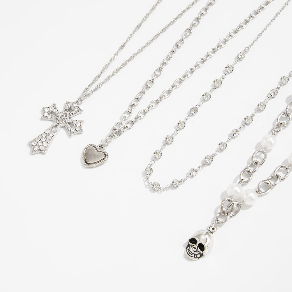 Crystal-Style Cross & Pearl Layered Necklace