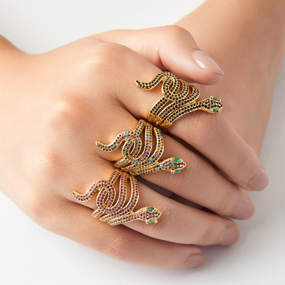 Snake Charm Copper Ring with Colored Zircon - Hip-Hop Style Open Index Finger Design