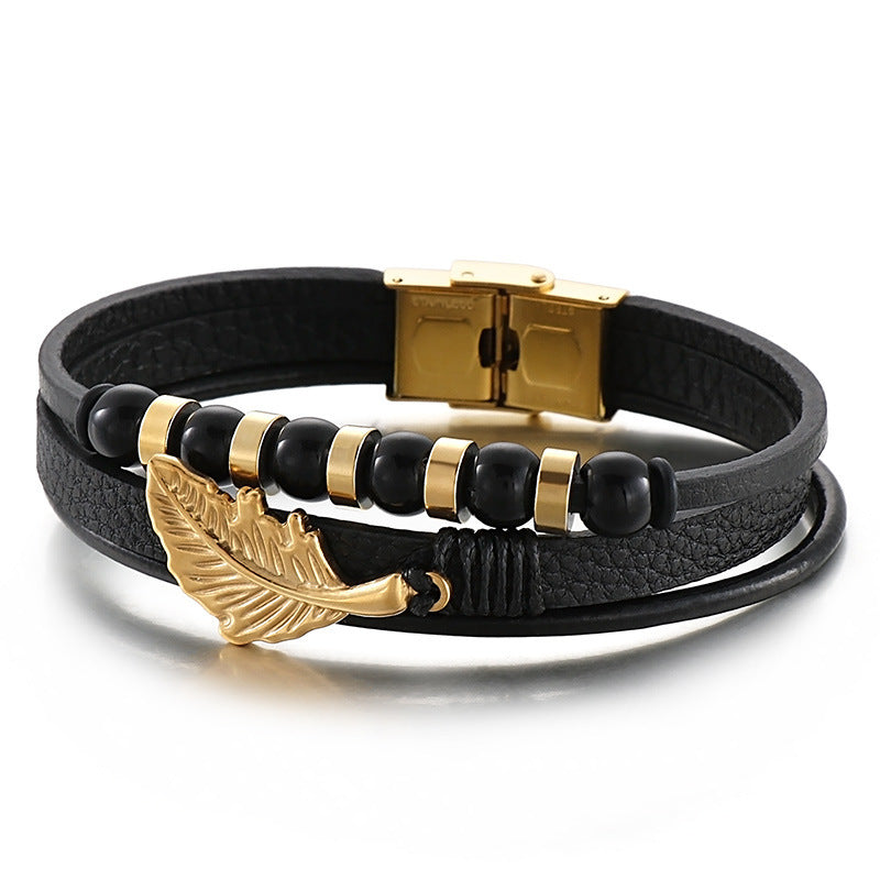 Planderful Multi Layer Feather Woven Leather Bracelet For Men